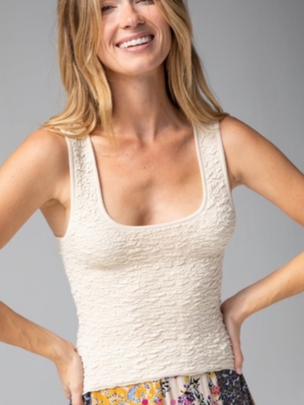 Natural Life Danielle Textured Square Neck Tank Top Cream / Oatmeal